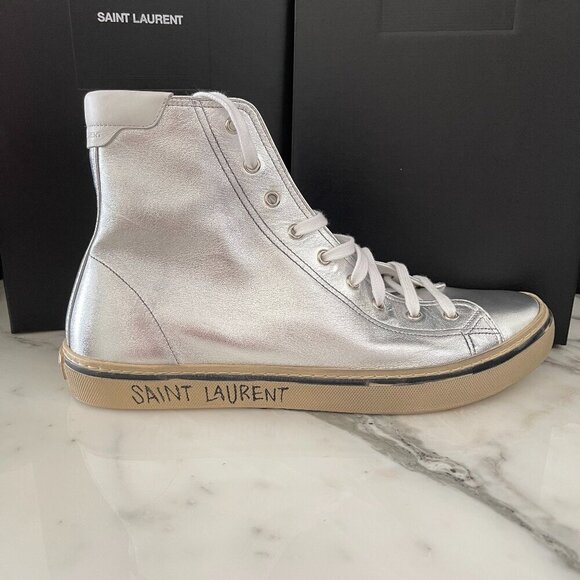 YSL Saint Laurent 711267 Metallic Silver Mens Malibu Mid-Top Sneaker Shoe, 41/45 - Picture 1 of 16
